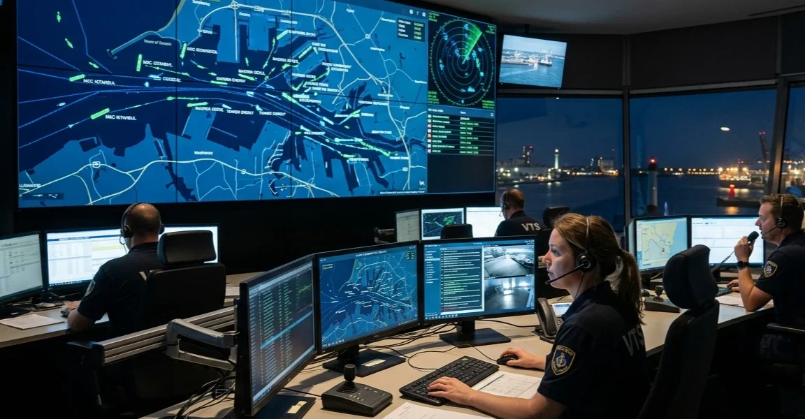 Système VTS : contrôle du trafic maritime portuaire Salle de contrôle d'un système VTS maritime — surveillance du trafic en temps réel