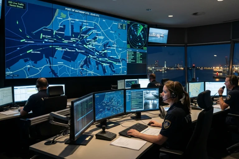 Salle de contrôle d'un système VTS maritime — surveillance du trafic en temps réel