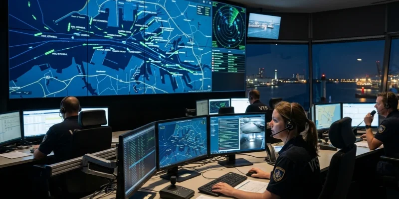 Système VTS : contrôle du trafic maritime portuaire Salle de contrôle d'un système VTS maritime — surveillance du trafic en temps réel